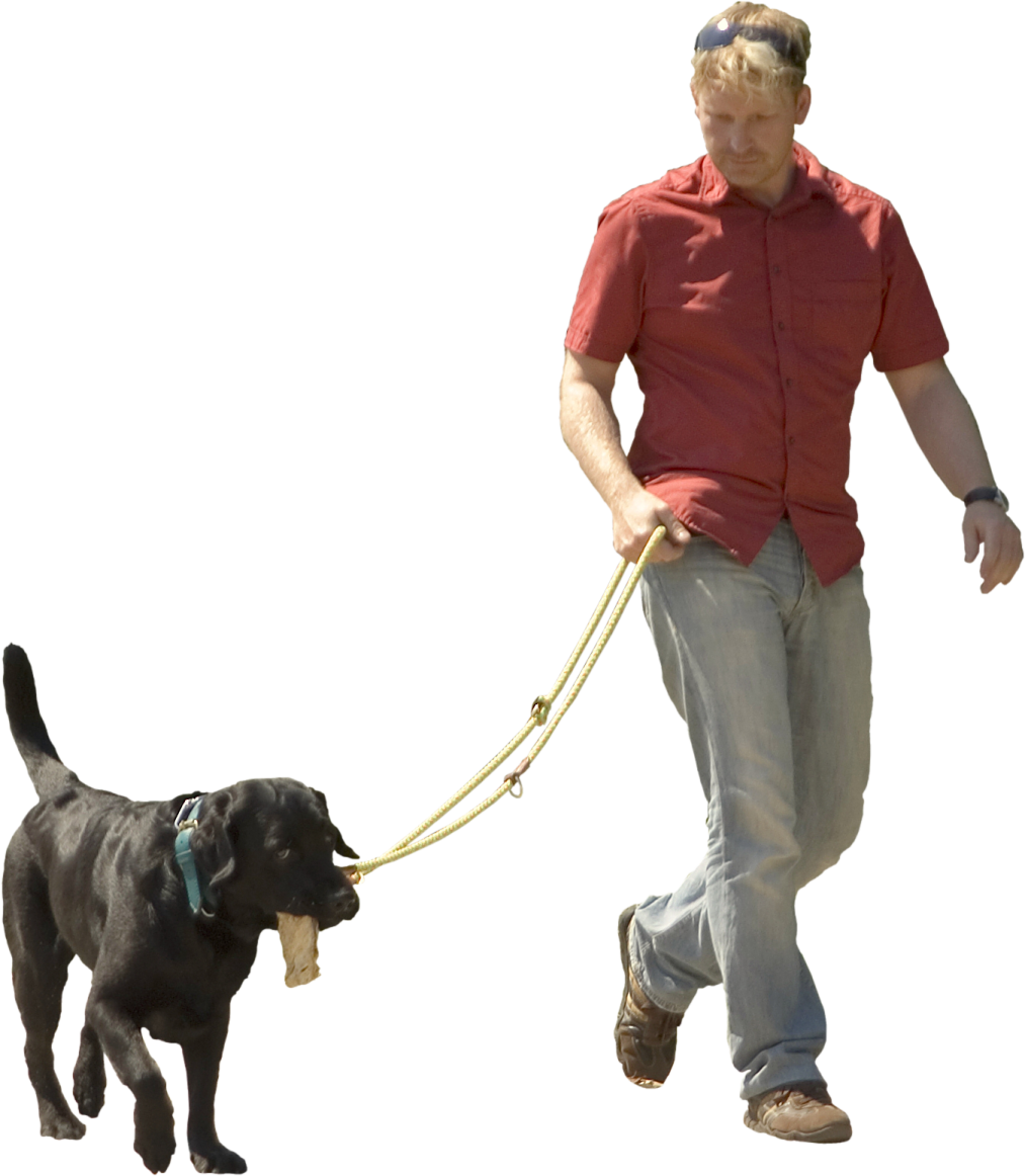 a man walking a dog on a leash