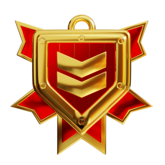 a gold medal with a red ribbon around it