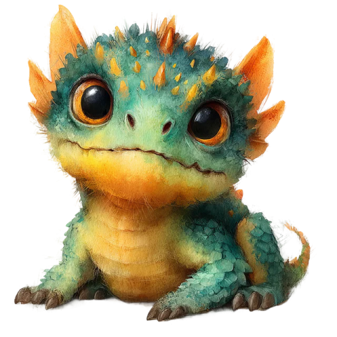 a cute green and orange baby dragon with big eyes