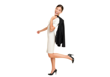 a woman in a white dress and black jacket