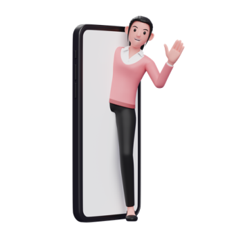 a woman in a pink shirt and black pants standing next to an iphone