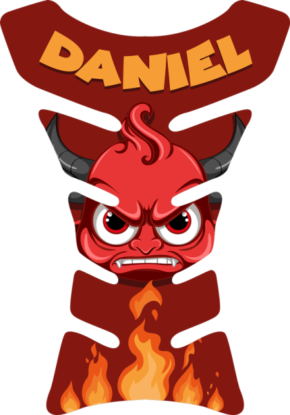 a red demon with flames on his chest