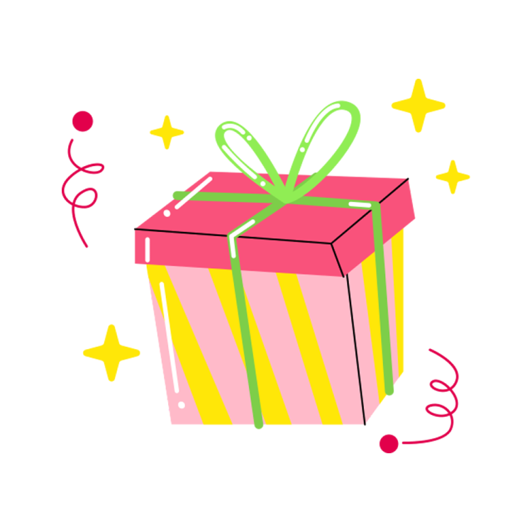 a pink and yellow gift box with a green bow