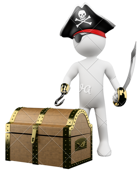 a 3d pirate with a sword and chest