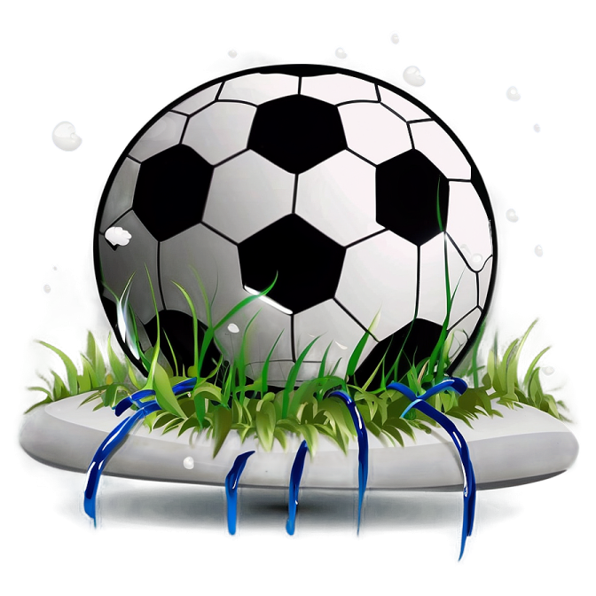 a soccer ball in the grass with blue ribbon