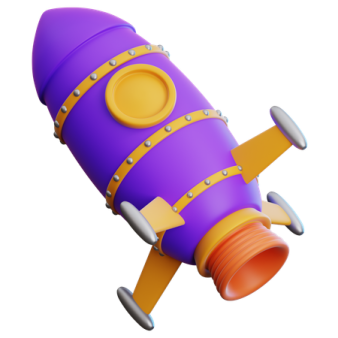 a purple rocket with yellow and orange wheels