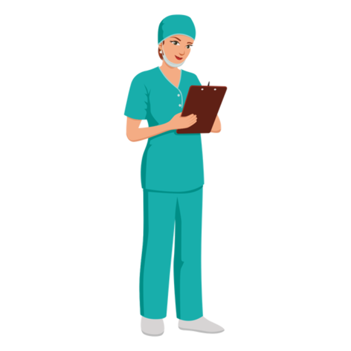 a woman in scrubs holding a clipboard