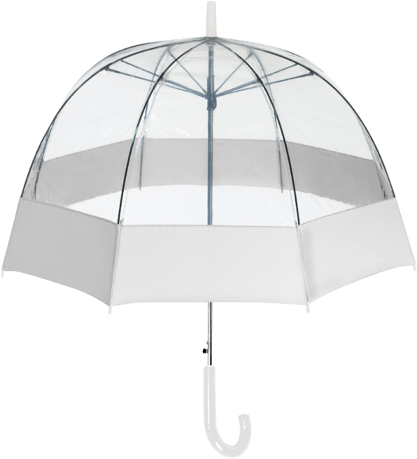an open clear umbrella with a white handle
