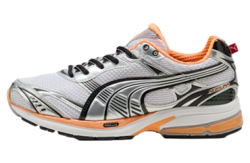 a white and orange running shoe