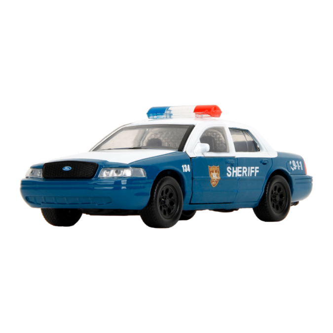 a toy police car on a white background