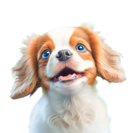 a brown and white dog with blue eyes
