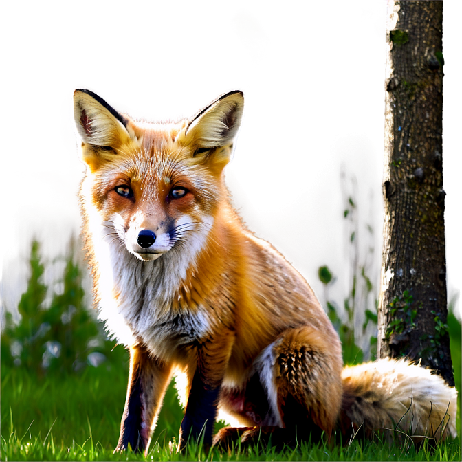 a fox sitting in the grass next to a tree