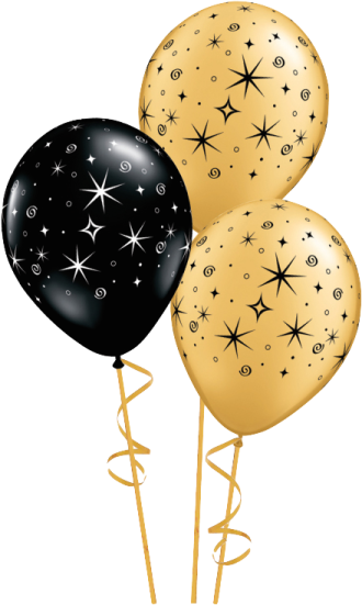a bunch of black and gold balloons