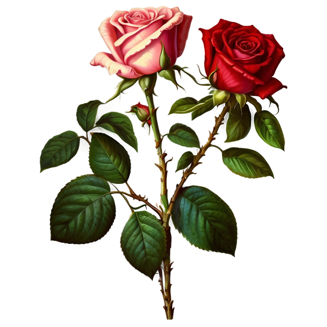 a drawing of two roses with green leaves