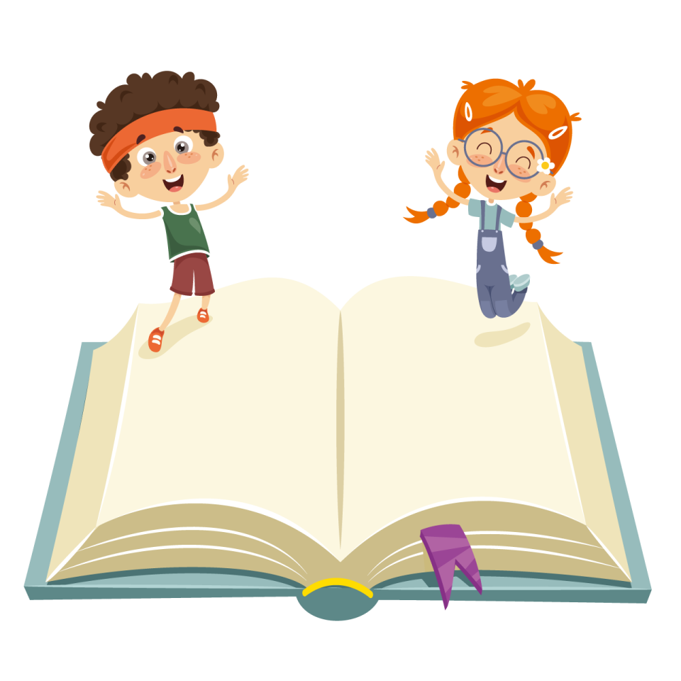 two children sitting on an open book