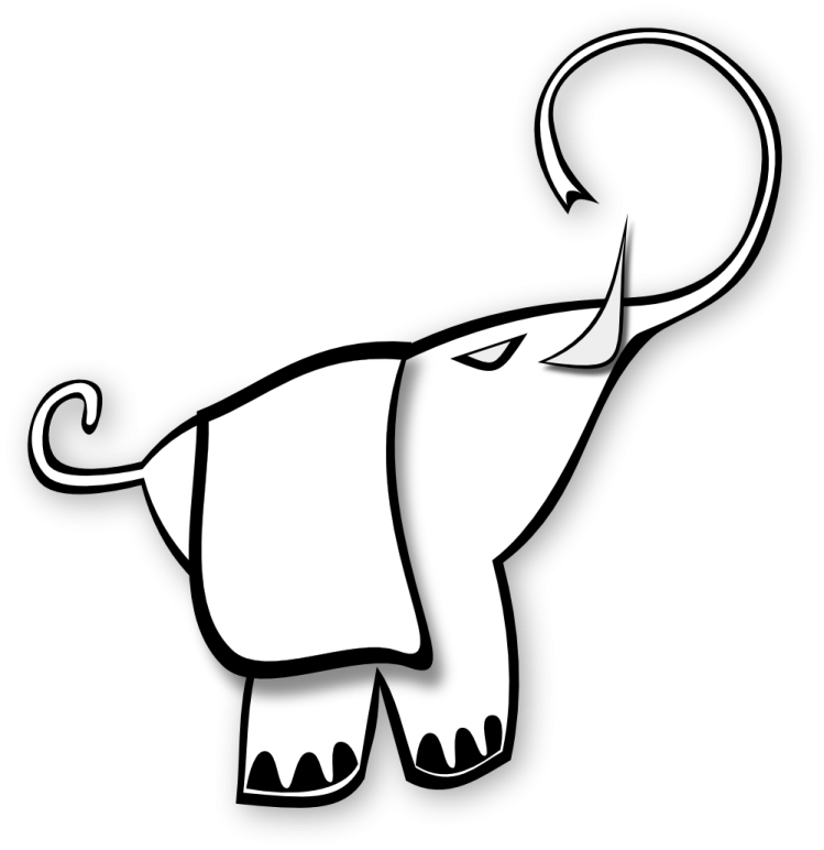 a black and white drawing of an elephant