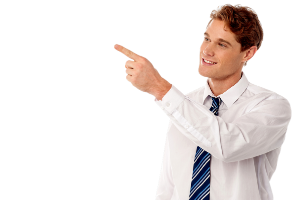 a man in a white shirt pointing at something