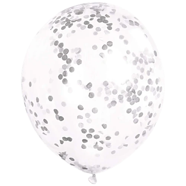 a white balloon filled with silver cons