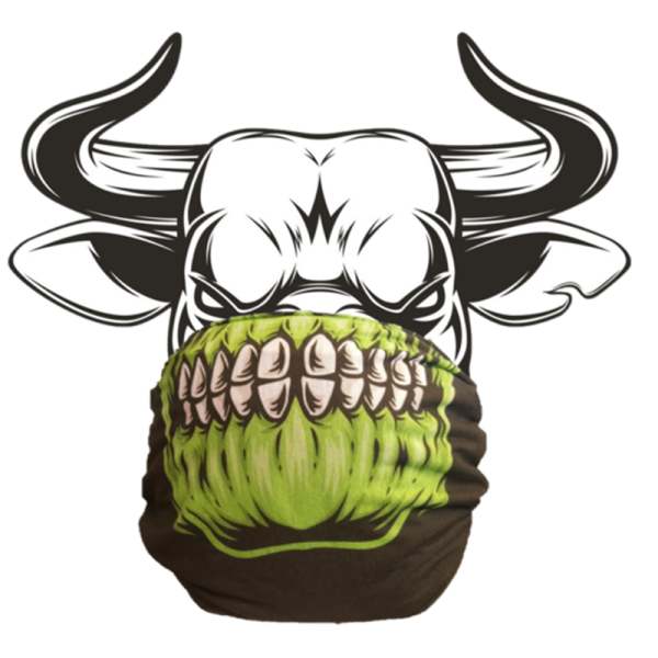 a black and green face mask with a bull's head on it