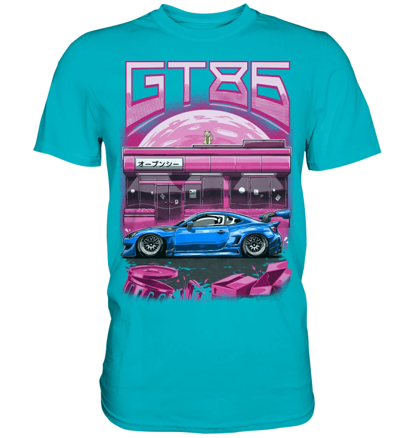 a blue t - shirt with an image of a car on it