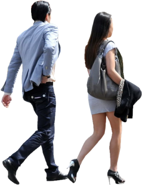 a man and woman walking down the street