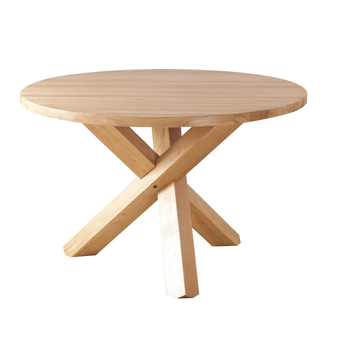 a round wooden table with two crossed legs