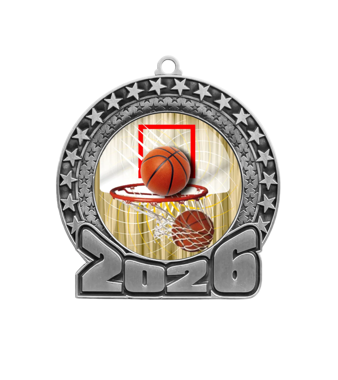 a silver medal with a basketball ball on it