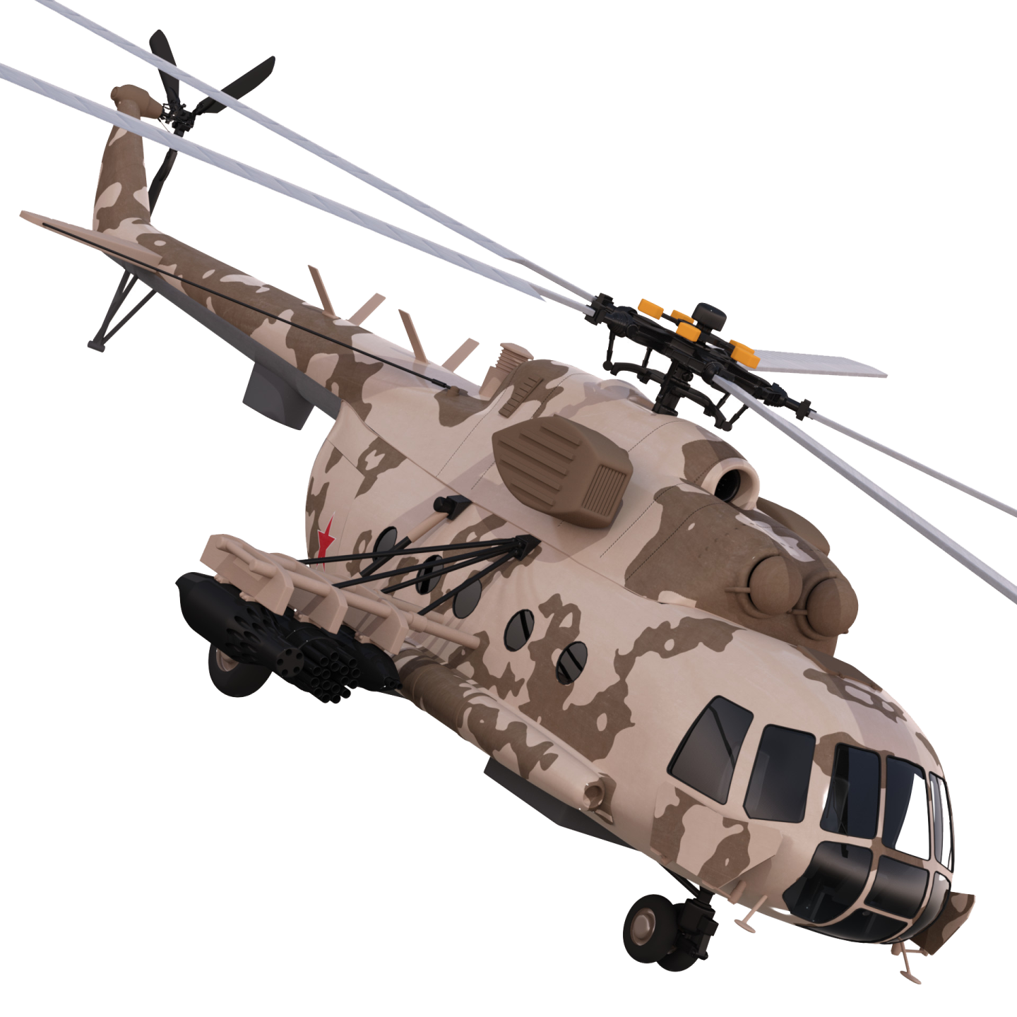 a military helicopter flying in the air