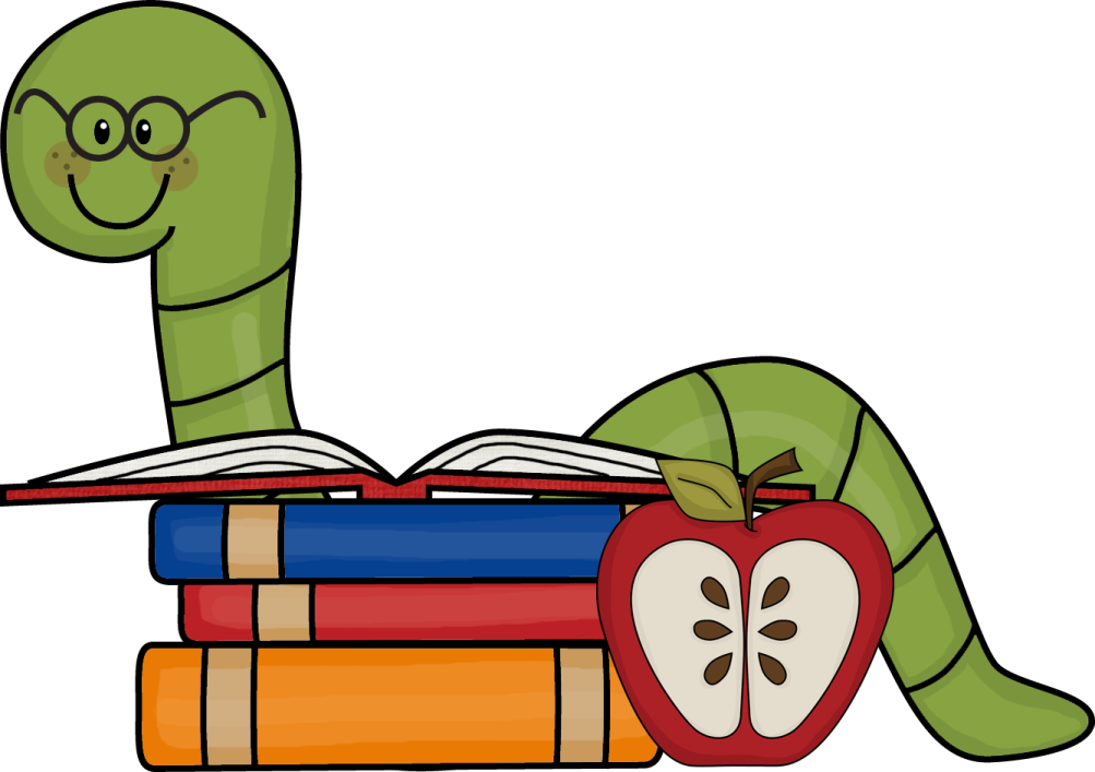 an apple and books with a worm on top