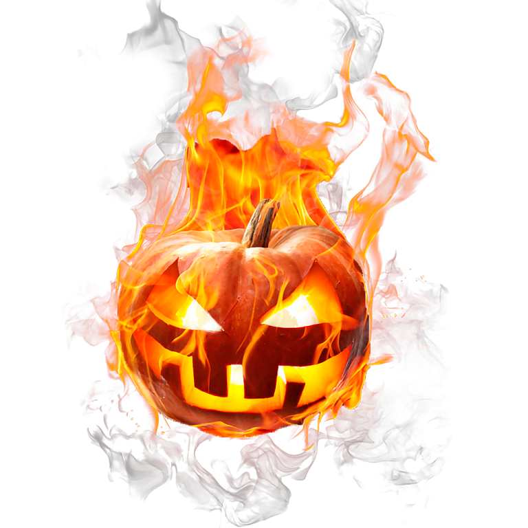a burning pumpkin on a white background