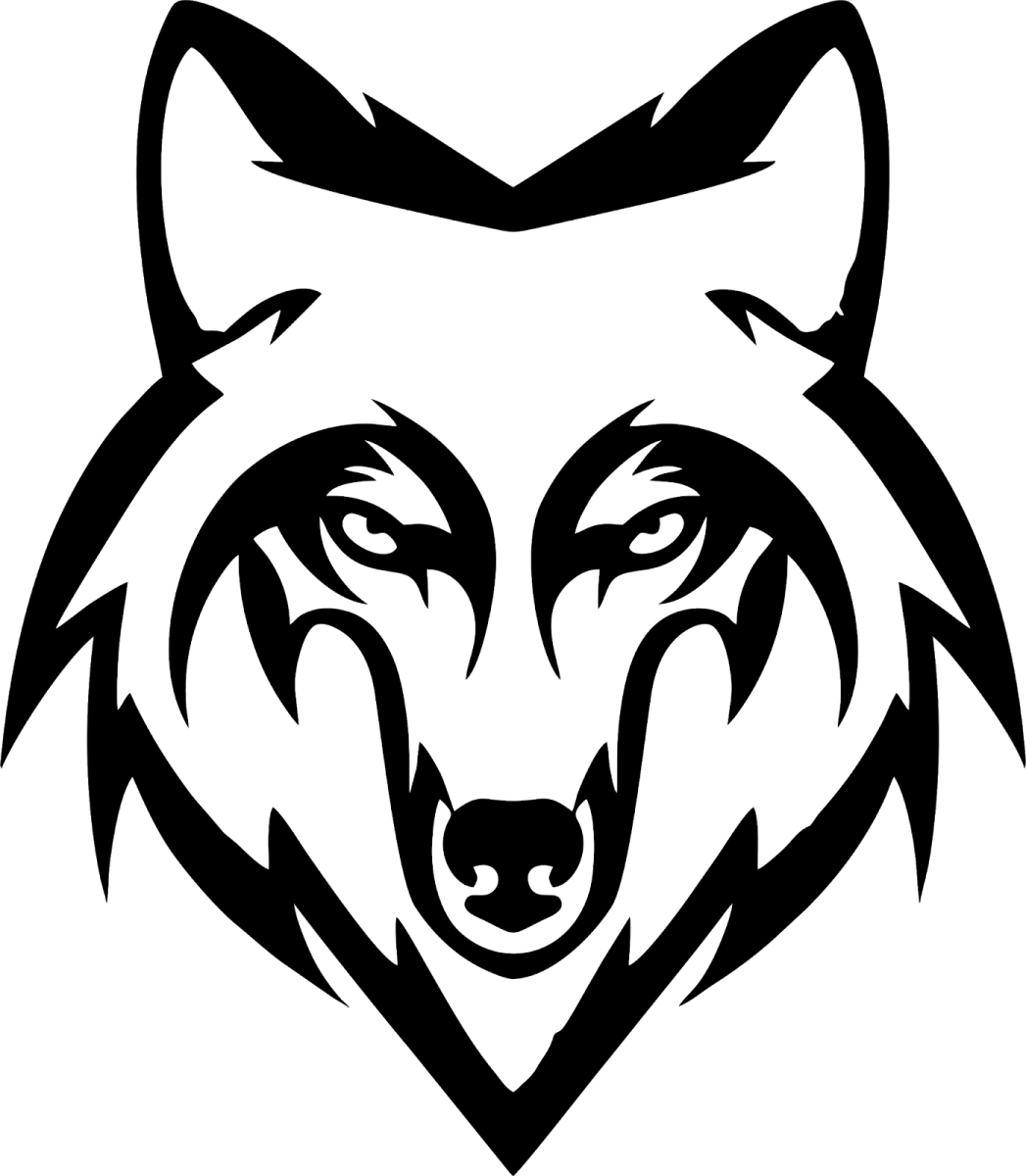 a black and white wolf head on a white background
