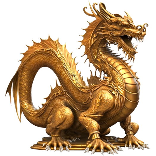 a golden dragon statue on a white background