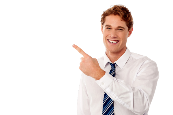 a man in a white shirt and tie points at something