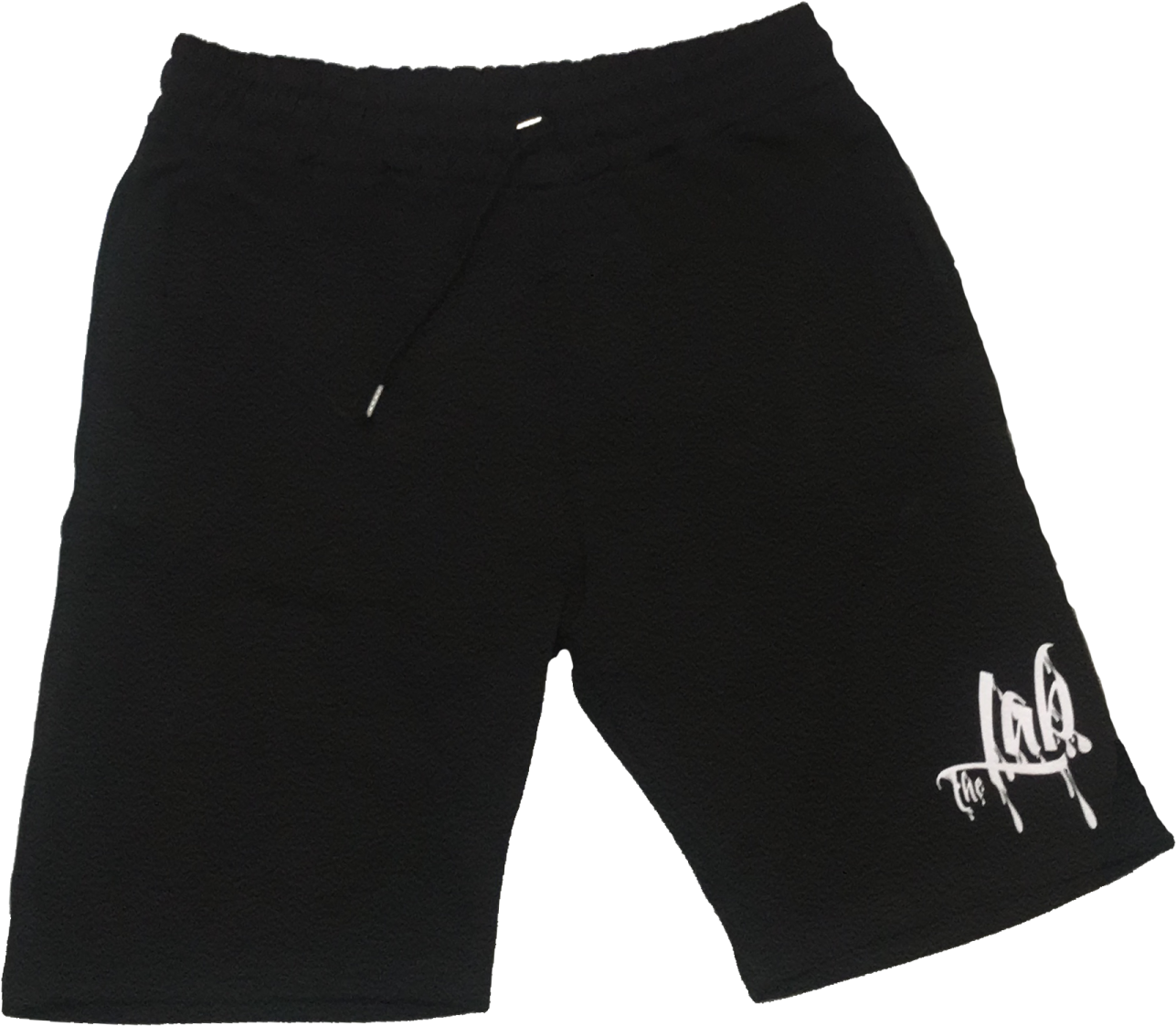 a black shorts with white logo on the side