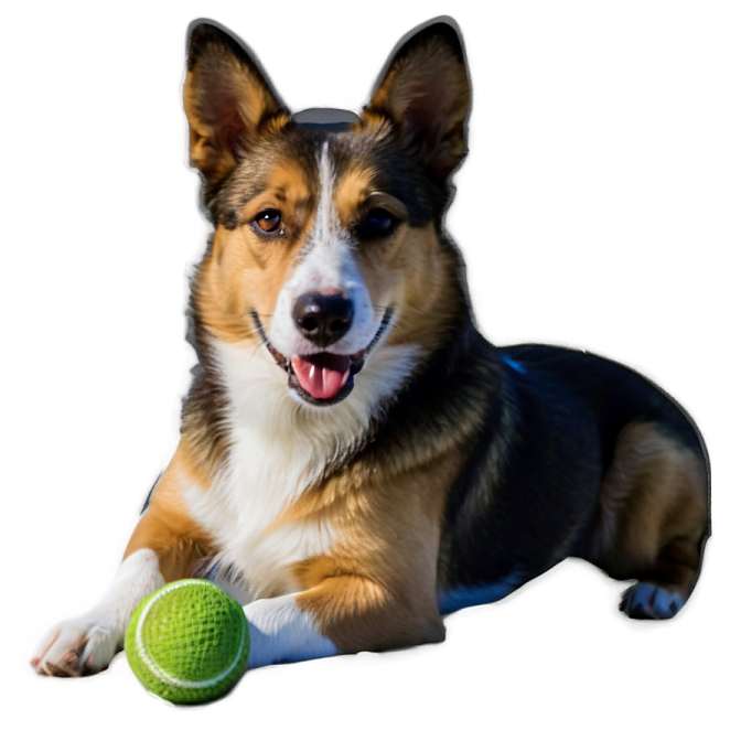 a dog laying down next to a tennis ball