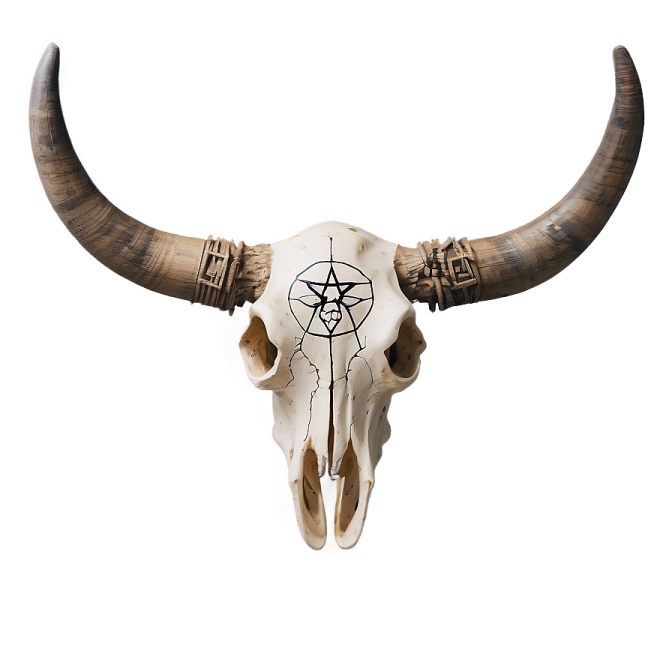 an animal skull with horns and a pen on it