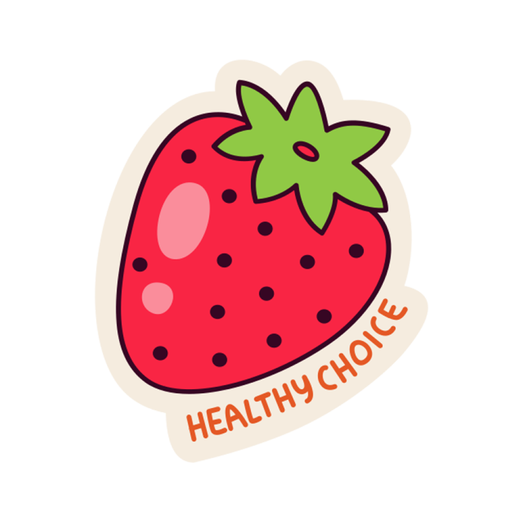 a cartoon strawberry with the word healthy on it