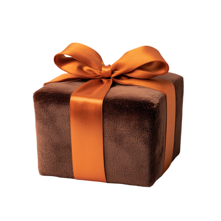 a brown gift box with an orange ribbon