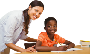 a woman helping a young girl with her homework