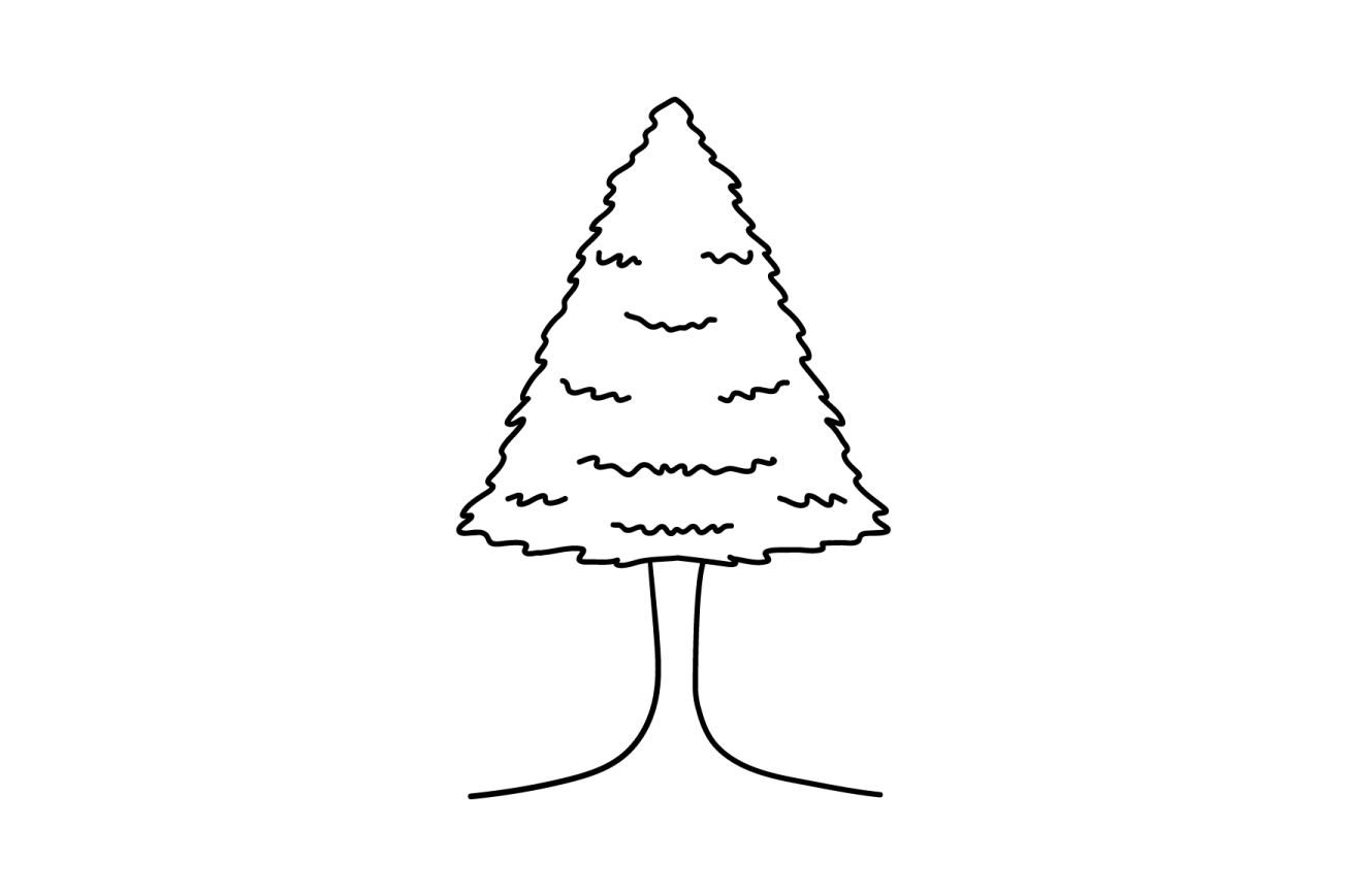 a black and white drawing of a christmas tree