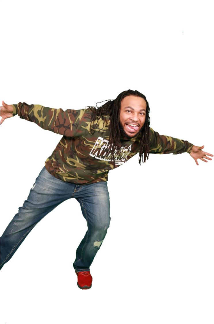 a young man wearing a camo shirt and jeans