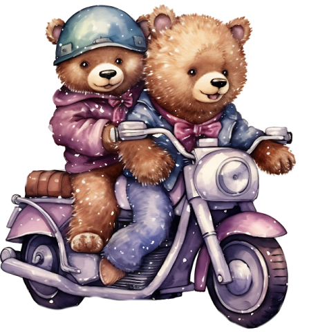 two teddy bears riding a motorcycle in the snow