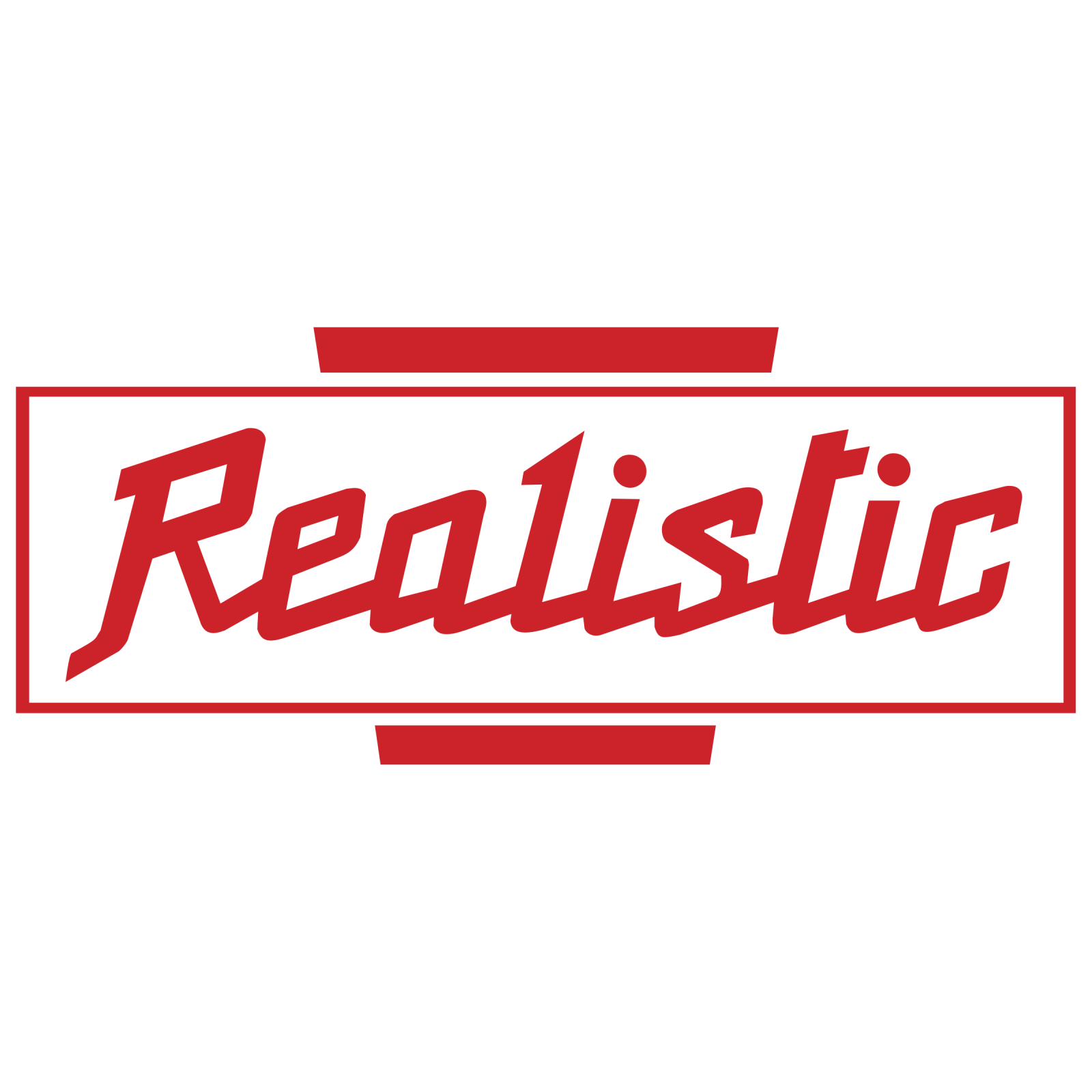 a red and white logo with the word realistic