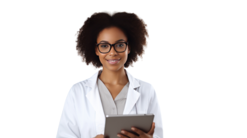 a woman in a white lab coat holding a tablet