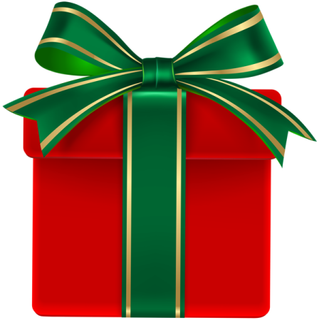 a red gift box with green and gold ribbon
