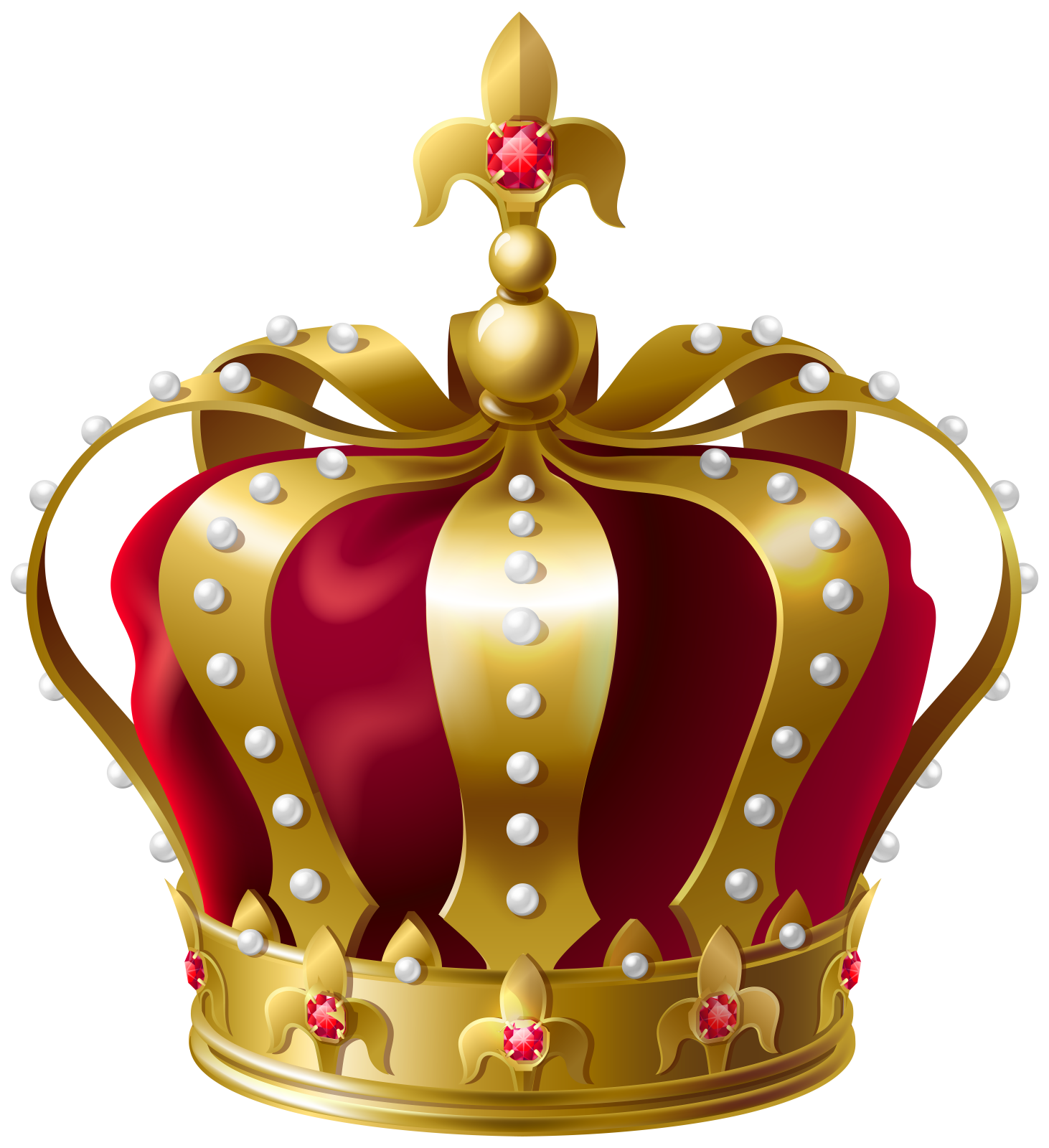 a red and gold crown with pearls