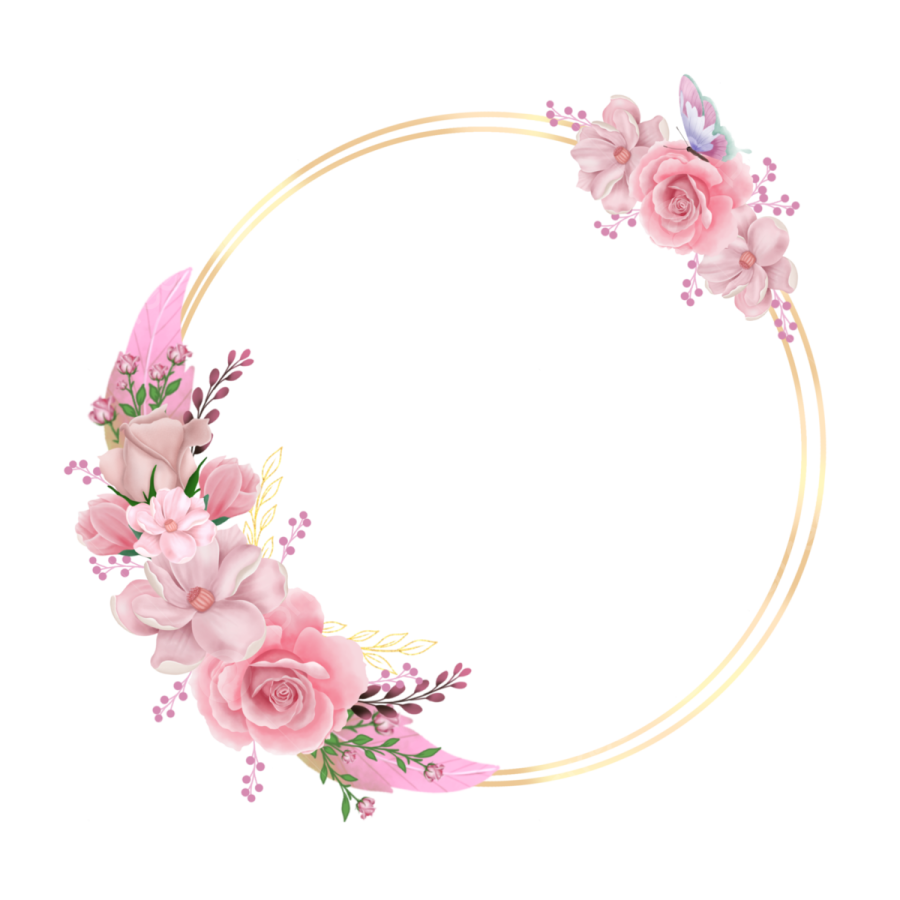 a round frame with pink flowers and leaves