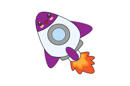 a purple and white rocket with an orange tail