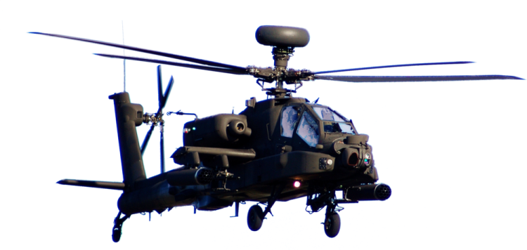 a black helicopter flying in the sky