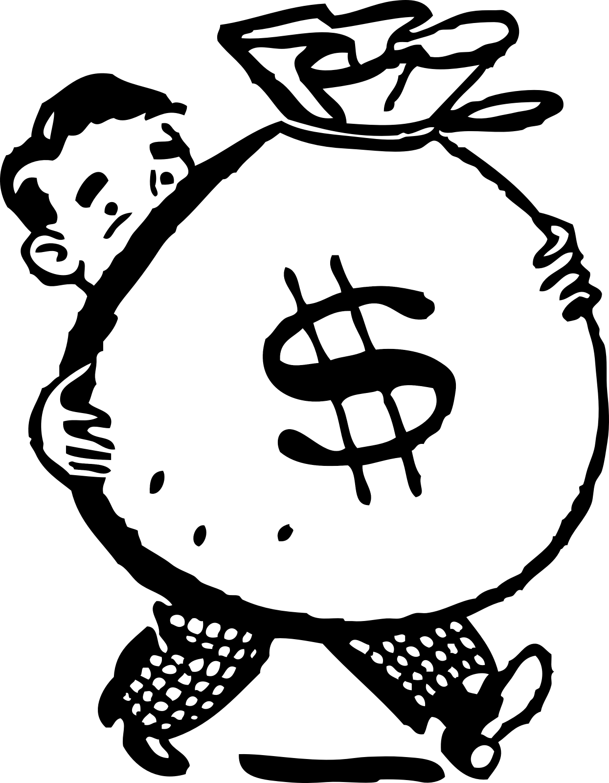 a black and white drawing of a man carrying a bag of money
